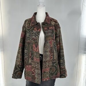 Chico's Women's Sz 3 Tapestry Jacket Button Front Coat Multicolor Boho Artsy